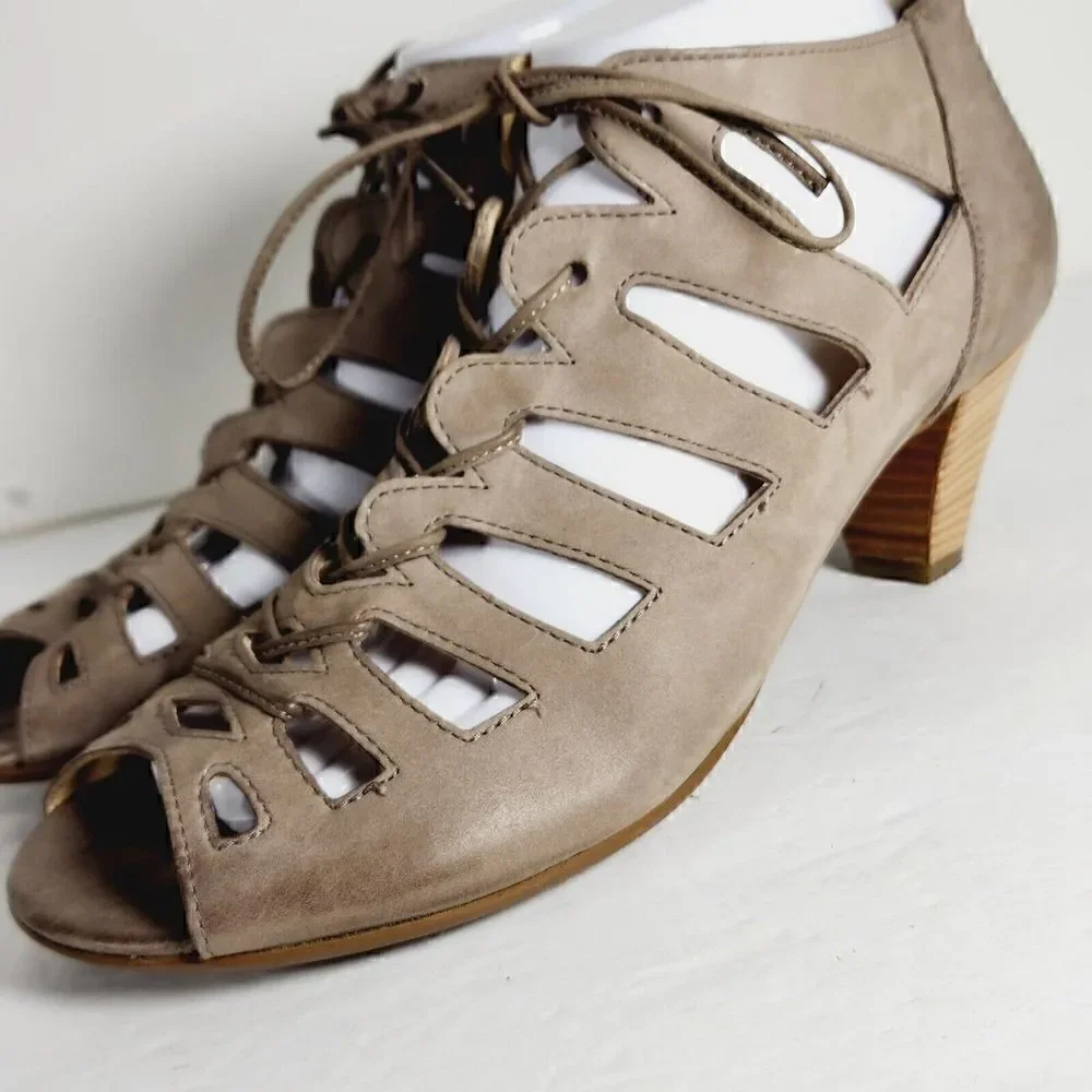 Paul Green Women's Prague UK 6,5 US 9 Tan Leather Lace-Up Peep Toe Heel Sandals